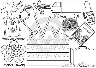 Letter V. English alphabet. Writing practice for children. Vector Illustration