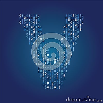 Letter V font made from binary code digits on a dark blue background Vector Illustration