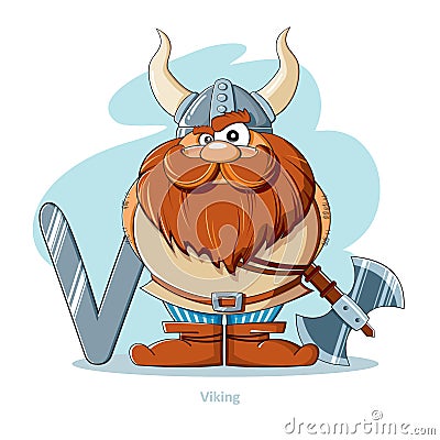 Letter V with funny Viking Vector Illustration