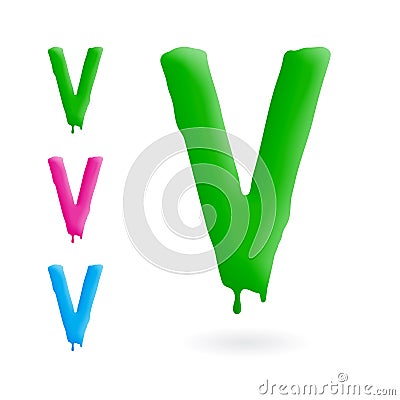 Letter V logo. Green, blue and pink character with drips. Dripping liquid symbol. Isolated vector. Vector Illustration