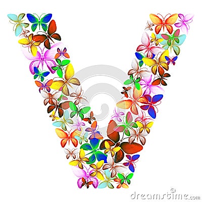 The letter V made up of lots of butterflies of different colors Stock Photo