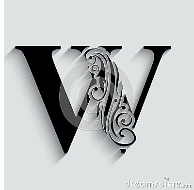 Letter W. Black flower alphabet. Beautiful capital letters with shadow Vector Illustration