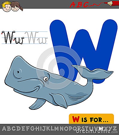 Letter w with cartoon whale animal Vector Illustration