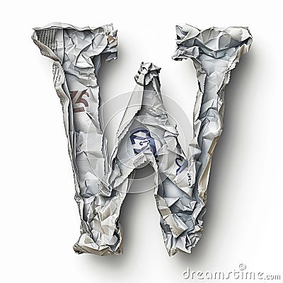 Letter W from crumpled newspaper on a clean white background. Fashion scrapbook lettering concept. Generative AI Stock Photo