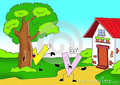 The letter w and the letter V play on the home page cartoon illustration Cartoon Illustration