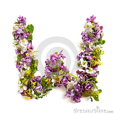 The letter Â«WÂ» made of various natural small flowers. Stock Photo