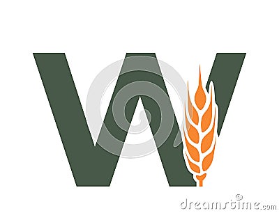letter w with wheat ear. harvest and organic food alphabet logotype symbol. cereal farming, agriculture and grain crops Vector Illustration