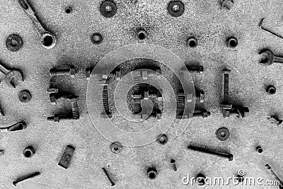 Letter word is steel by old and rusty nut on dirty ground Stock Photo