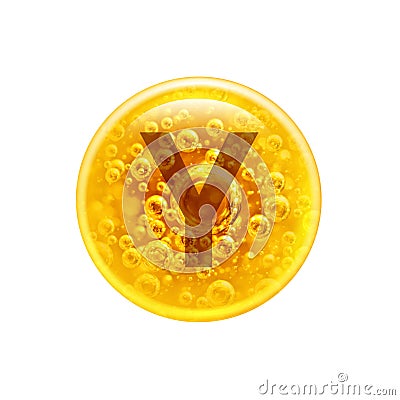 The letter Y in the golden bubble. Vitamins. Bubbles oil inside a large oil bubble isolated on white background Stock Photo