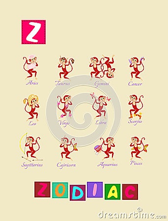 Letter Z. Cute cartoon english alphabet with colorful image and word. Vector Illustration