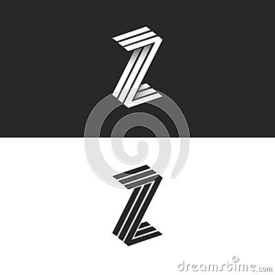 Letter Z logo isometric geometric shape 3D monogram, hipster graphic design initials ZZZ black and white emblem with shadow for Vector Illustration