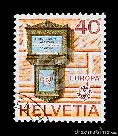 Letterbox of Basel 1845, Europa C.E.P.T. serie, circa 1979 Editorial Stock Photo