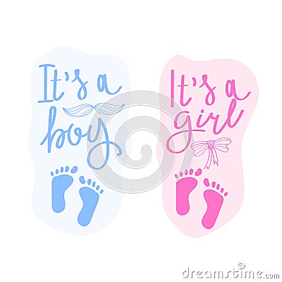 Lettering it is a boy and it is a girl. Vector greeting card for baby shower. Baby shower party design element. Vector Illustration