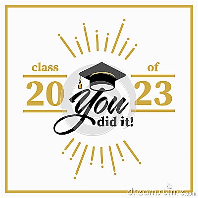 Class of 2023 Gold Lettering Graduation 3d logo with black ribbon. Graduate design yearbook Vector illustration Stock Photo