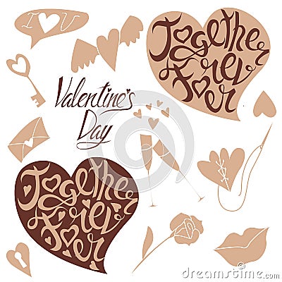 Lettering and doodles for Valentine`s Day Vector Illustration