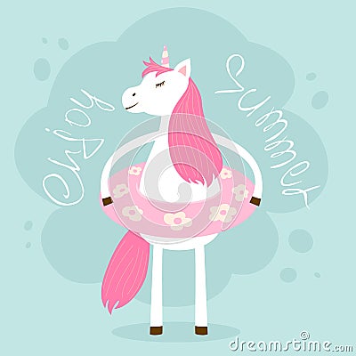 Lettering Enjoy Summer and White Unicorn Vector Illustration