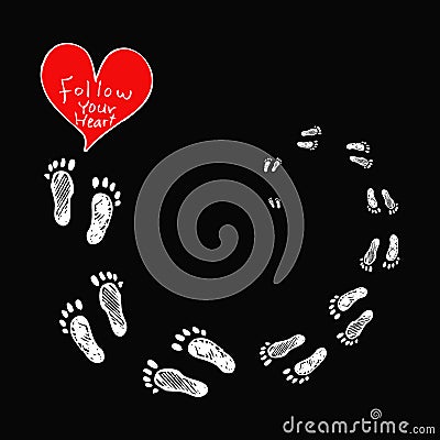 Lettering `Follow your heart` with footprints. Cartoon Illustration