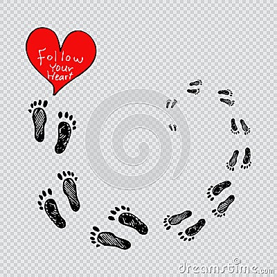 Lettering `Follow your heart` with footprints. Cartoon Illustration