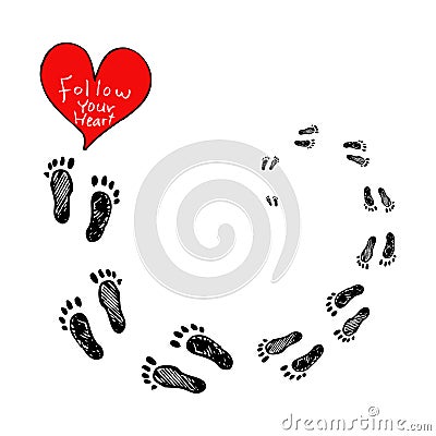 Lettering `Follow your heart` with footprints. Vector Illustration