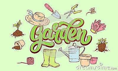 Lettering Garden word in fresh greenery surrounded by gardener`s attributes Stock Photo