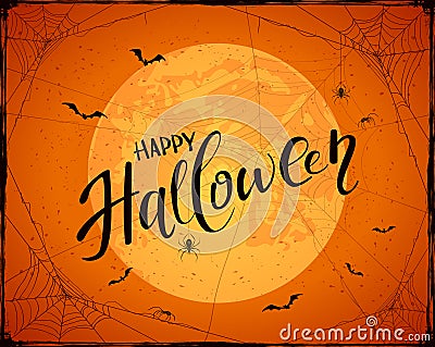 Lettering Happy Halloween on orange grunge background with Moon Vector Illustration