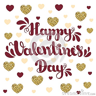 Lettering Happy Valentines Day on background with hearts. Vector illustration for Valentine`s Day. Vector Illustration