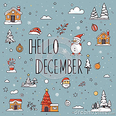 Lettering hello december card. New Year and Christmas bundle cartoon style Vector Illustration