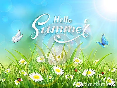 Lettering Hello Summer on blue nature background Vector Illustration