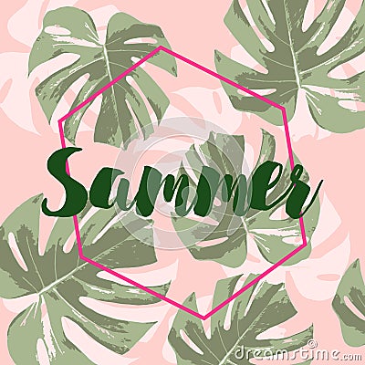 Lettering hello summer with leaves palm on pink background Stock Photo