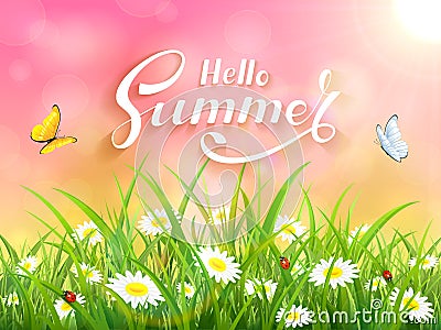 Lettering Hello Summer on pink nature background Vector Illustration