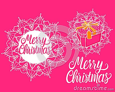Lettering inscription card Vector Merry Chistmas. Gift Box Design Hand drawn white mandala illustration isolated on pink Vector Illustration