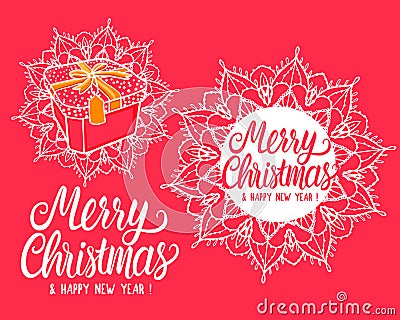 Lettering inscription card Vector Merry Chistmas. Gift Box Design Hand drawn white mandala illustration isolated on red Vector Illustration