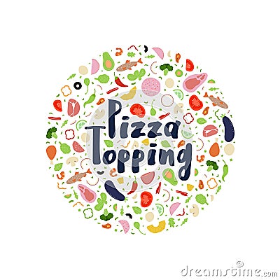 Lettering pizza topping with all kinds of pizza filling. Stock Photo
