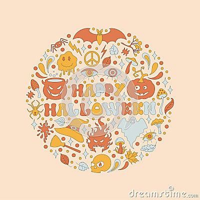 Pattern with retro 70s style Halloween elements. Vector Illustration