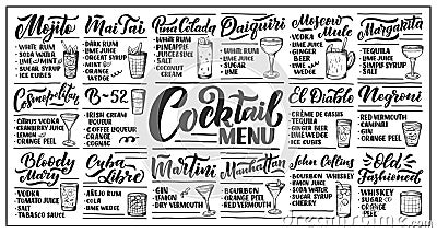 Lettering set of cocktails recipes. Template for card banner and poster for bar menu and restaurant Cartoon Illustration