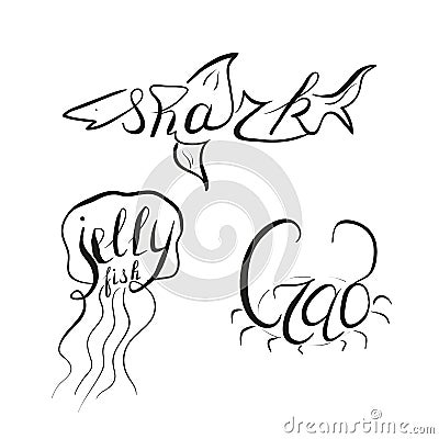 Lettering shark jelly crab Vector Illustration