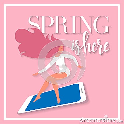 Lettering Spring is here on card with girl on big smartphone in a hurry to spring sale. Discount banner for advertising. Square Cartoon Illustration