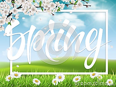 Lettering spring on landscape background Vector Illustration