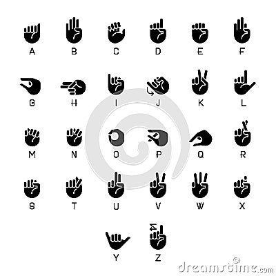Letters in American sign language black glyph icons set on white space Vector Illustration