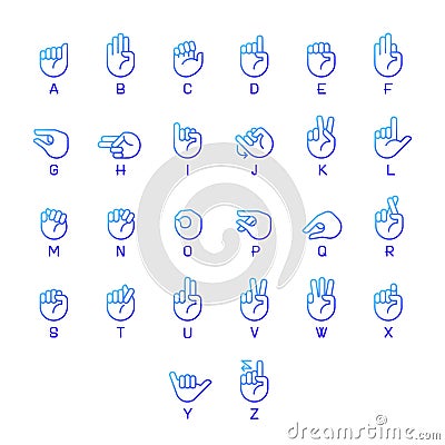 Letters in American sign language pixel perfect gradient linear vector icons set Vector Illustration