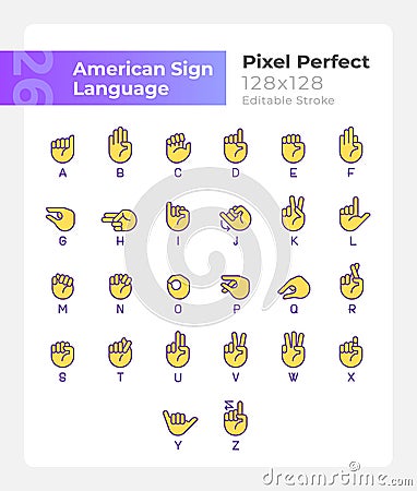 Letters in American sign language pixel perfect RGB color icons set Vector Illustration