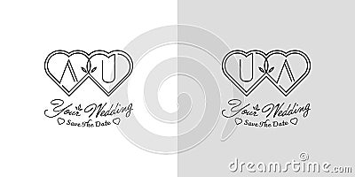 Letters AU and UA Wedding Love Logo, for couples with A and U initials Vector Illustration