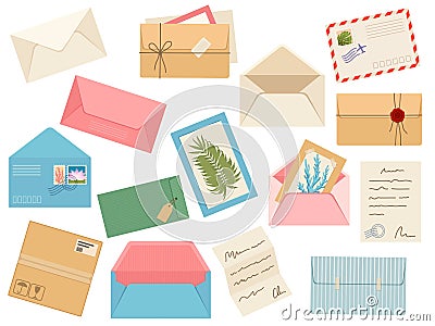 Letters, cards and envelopes. Postcard, paper mail with postmark, wax sealing and postage stamp, note and open handmade Vector Illustration