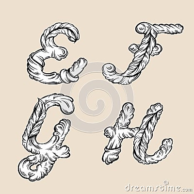 Letters ` E, F, G, H` .Fairy hand drawn cute font in baroque style. Vector Illustration