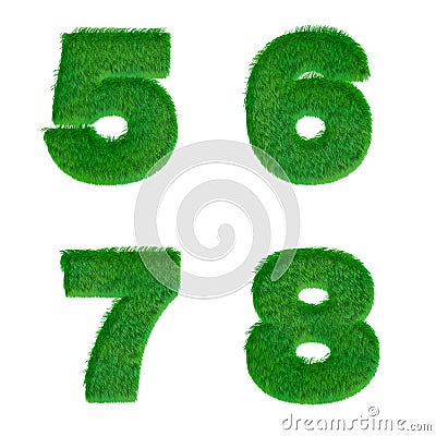 Letters 5,6,7,8 made of green grass isolated on white Stock Photo