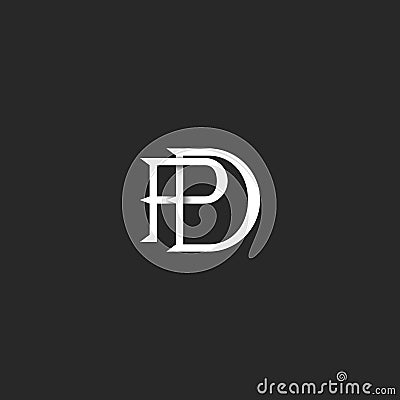 Letters PD logo monogram initials linear black and white, overlapping two linked letters P and D wedding invitation DP emblem Vector Illustration