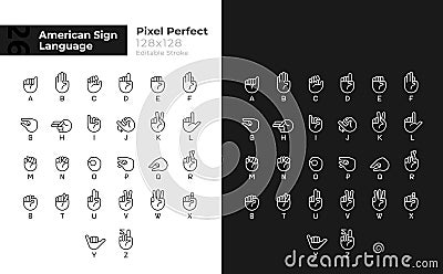 Letters signs in ASL pixel perfect linear icons set for dark, light mode Vector Illustration