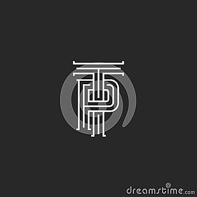 Letters TP logo hipster monogram, weaving thin line emblem PT medieval initials, overlapping two symbols P T template Vector Illustration