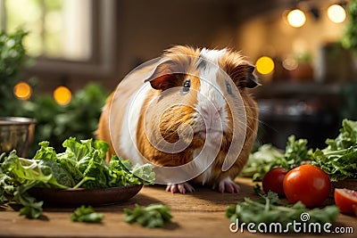 Lettuce Feast: Cute and Charming Guinea Pig's Snack Time Stock Photo