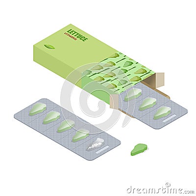 Lettuce vitamins. Vegetarian pills. Diet tablets in pack. Natural products for health in form of green lettuce. medicament Vector Illustration